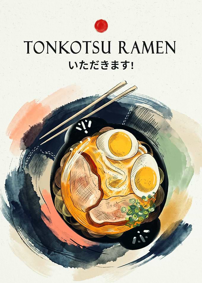 Tonkotsu Ramen Japanese Watercolor Art Food Noodle Bowl Kitchen Wall Decor Poster