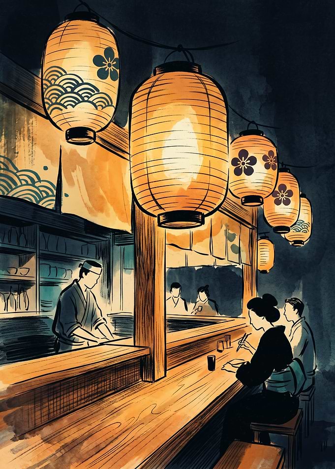 Japanese Izakaya Lantern Watercolor Art Print Night Street Food Stall Poster Aesthetic