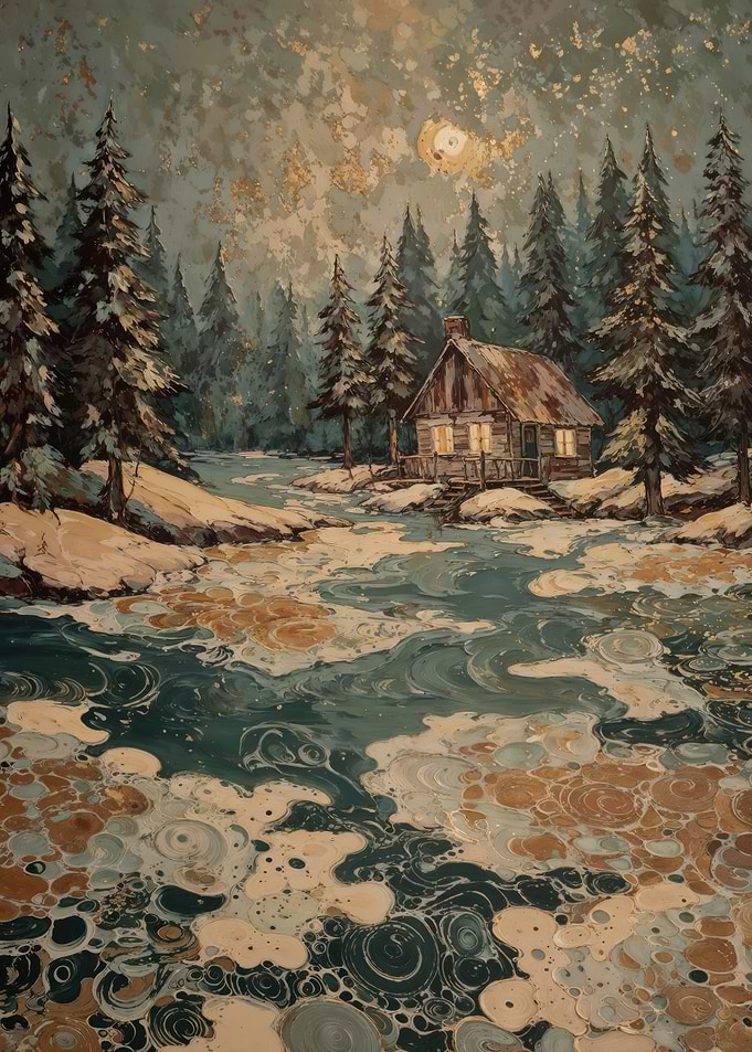Moonlit Winter Cabin Beside Swirling Forest River