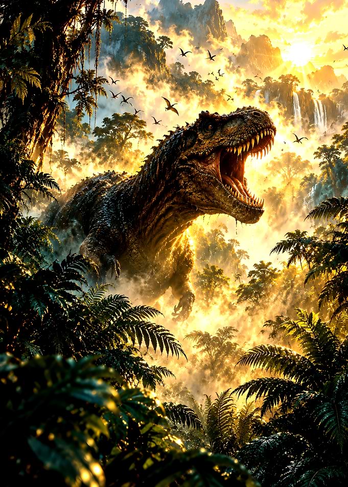 Roaring T-Rex in Golden Jungle