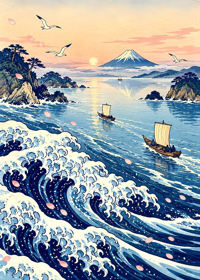 Ukiyo-e Style Mount Fuji Seascape