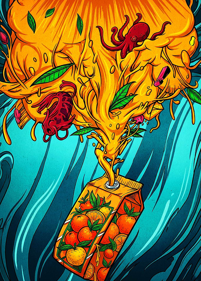 Surreal Orange Juice Explosion Illustration