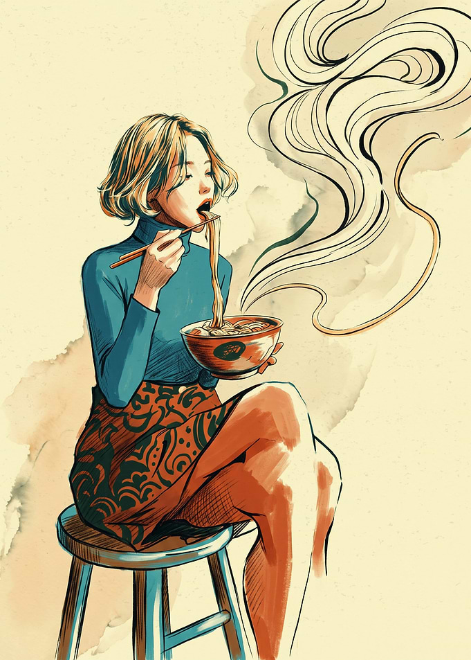 Woman Eating Noodles Food Niche Vintage Comic Book Illustration Art Style