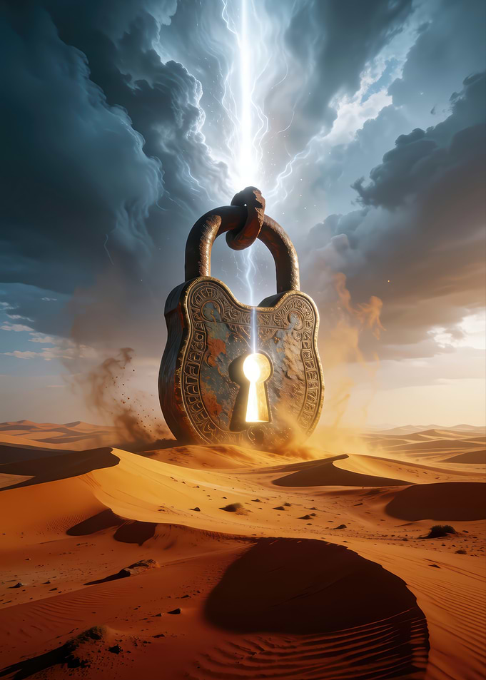 Giant Ancient Padlock in Desert