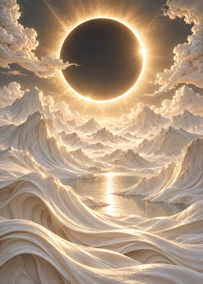 Solar Eclipse Over Surreal Snowy Mountains