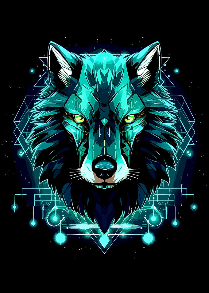 Geometric Neon Cybernetic Wolf Portrait