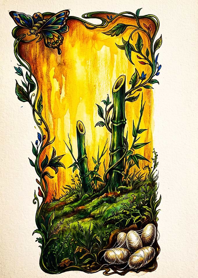 Art Nouveau Bamboo and Butterfly Illustration