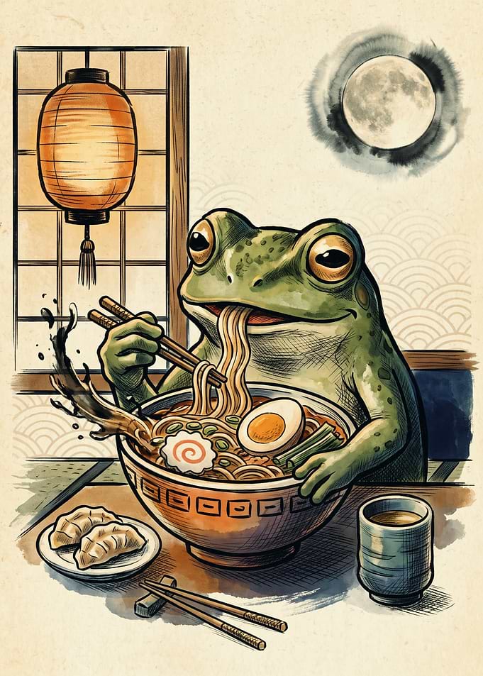 Frog Ramen Japanese Ukiyo E Art Print Noodles Bowl Lantern Full Moon Cute Poster