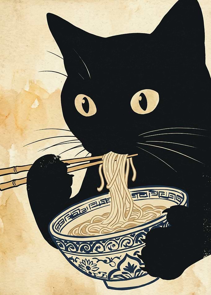 Black Cat Eating Ramen Noodles Japanese Ukiyo E Art Vintage Poster Print