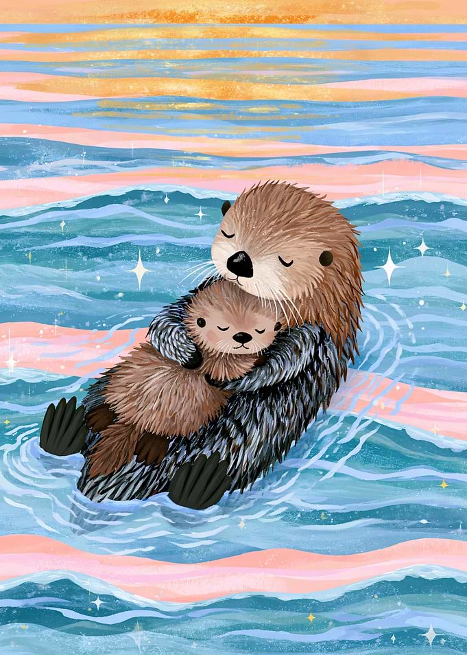 Mother and Baby Otter Hugging