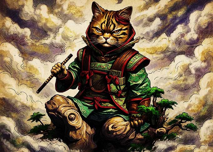 Samurai Cat Warrior in Clouds