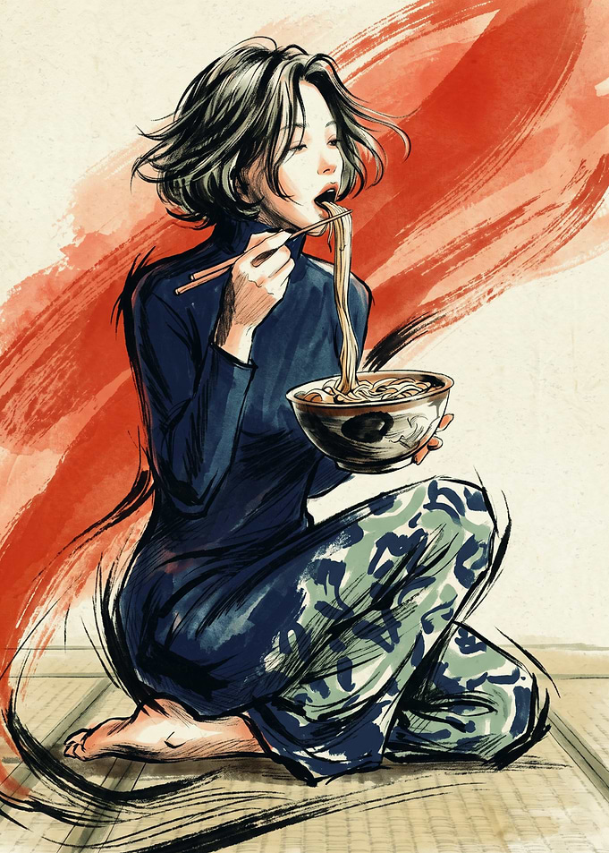 Woman Eating Noodles Japanese Food Asian Art Style Ink Brush Illustration