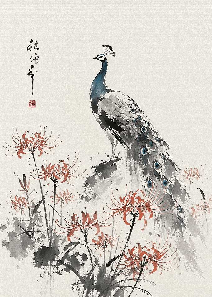 Peacock and Red Spider Lilies Painting
