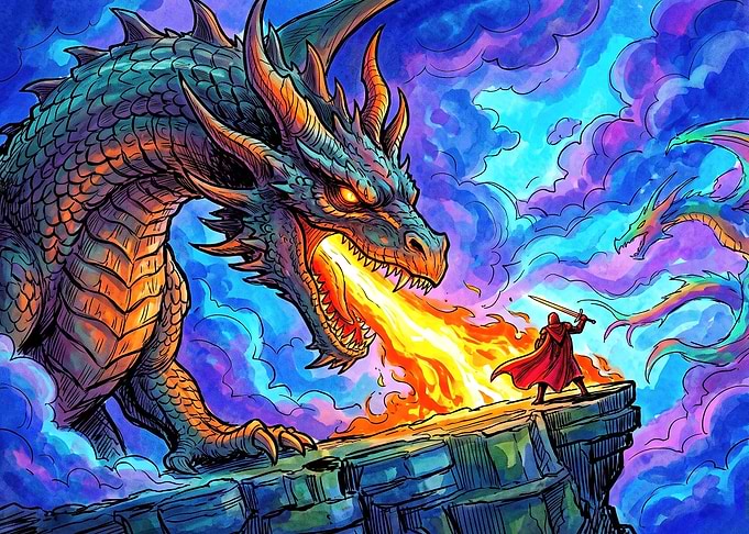 Knight Facing a Fire-Breathing Dragon