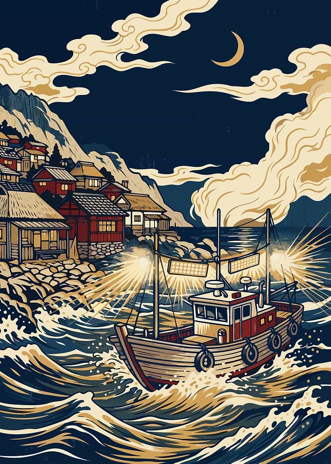 Fishing Boat in a Japanese Coastal Village at Night