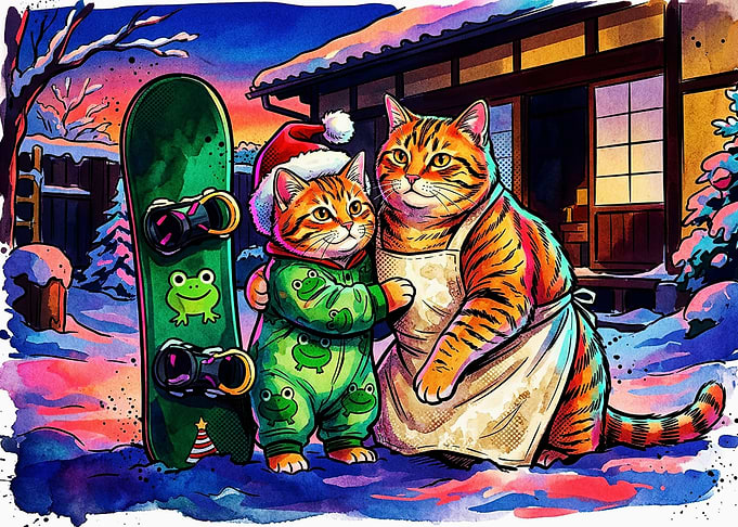 Cats with Snowboard in Winter
