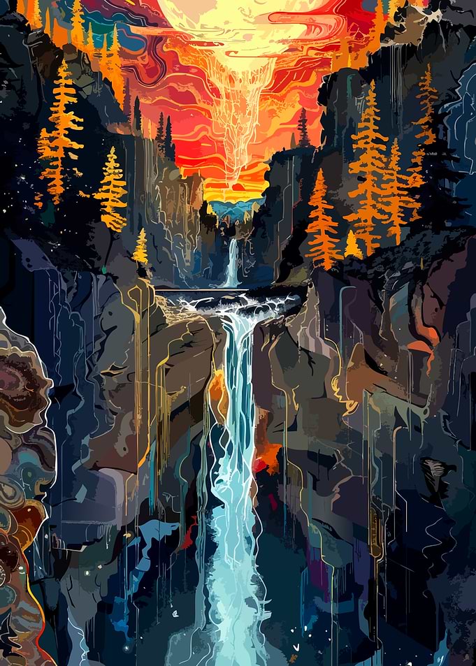 Surreal Waterfall at Sunset