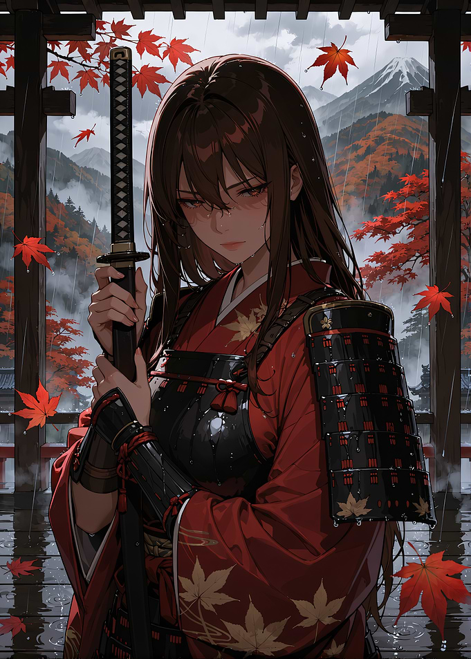 Samurai Woman in Autumn Rain