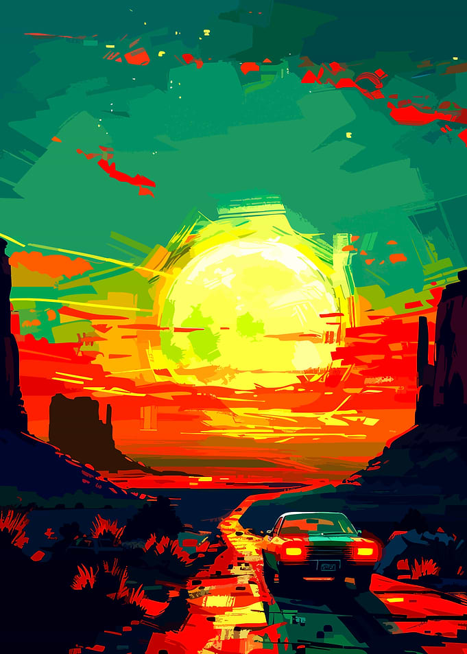 Retro Desert Road Trip Sunset