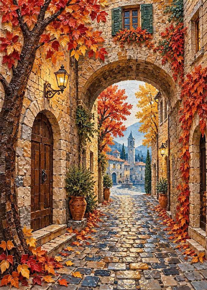 Autumnal Stone Archway Village Scene