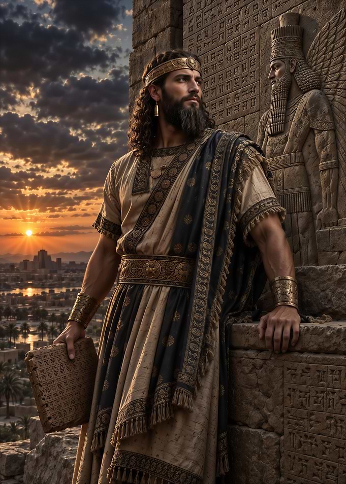 Ancient Mesopotamian King at Sunset