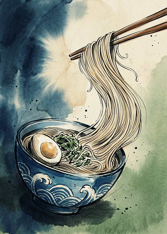 Ramen Noodles Japanese Watercolor Art Bowl Chopsticks Foodie Kitchen Wall Decor Poster