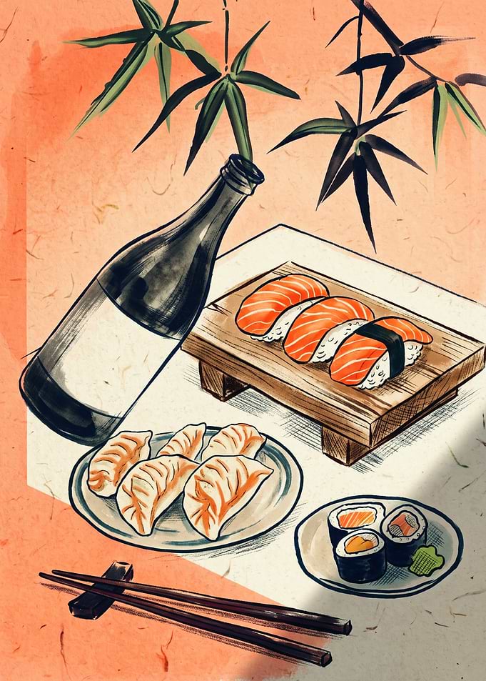 Japanese Food Sushi And Sake Bottle Watercolor Art Print Traditional Asian Cuisine Poster