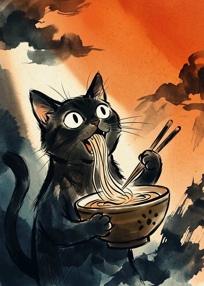 Black Cat Ramen Watercolor Art Cute Animal Eating Noodles Japanese Ink Painting Print