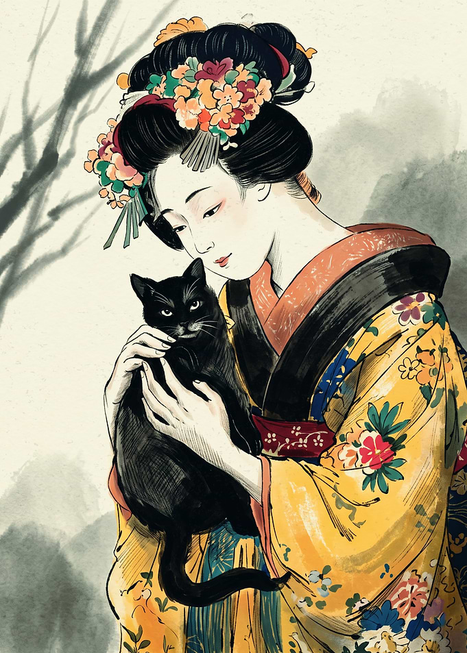 Geisha Holding Black Cat Japan Art Print Traditional Ukiyo E Style