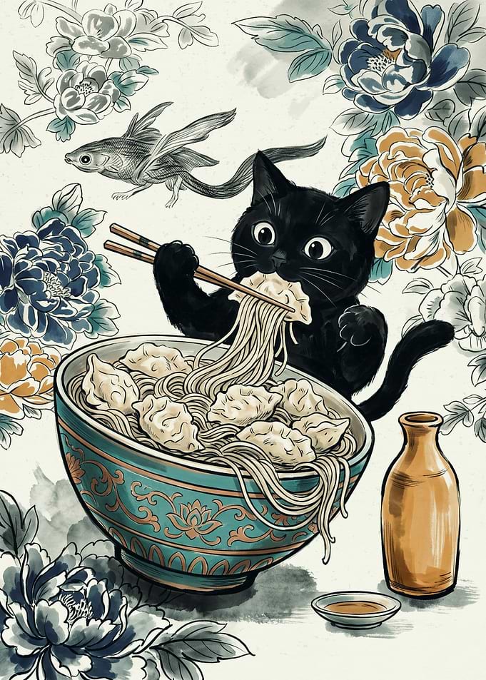 Black Cat Eating Ramen Asian Ukiyo E Art Print Dumpling Noodles Peony Flower Poster