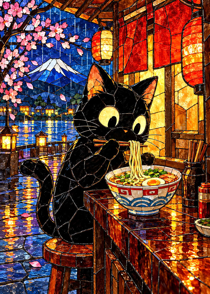 Stained Glass Cat Eating Ramen