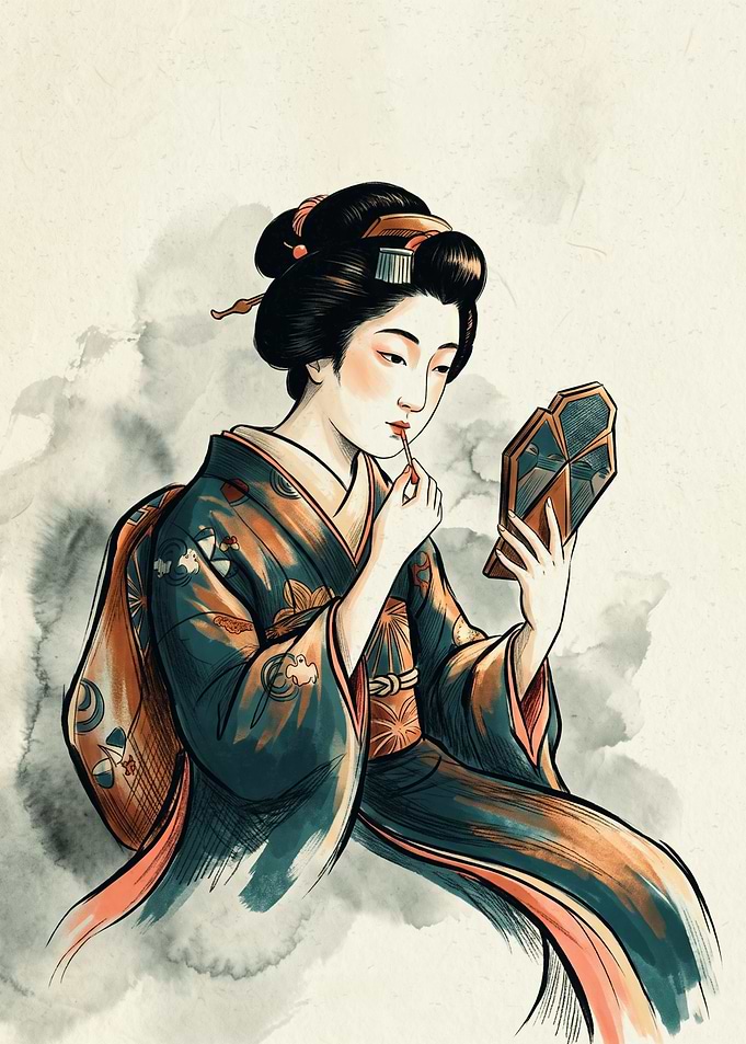 Geisha Applying Makeup Traditional Japanese Art Ukiyo-e Style
