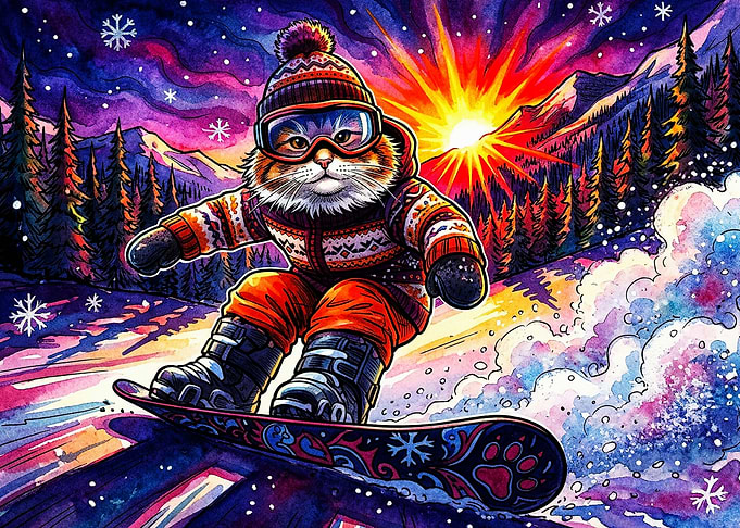 Snowboarding Cat in Winter Wonderland