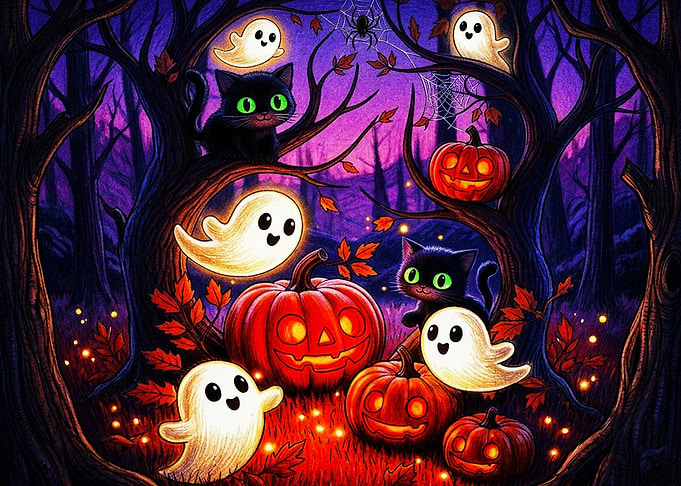 Cute Halloween Scene with Ghosts and Cats