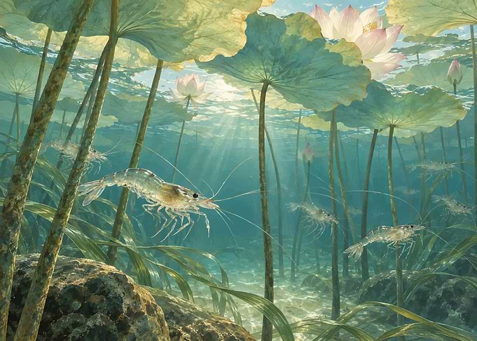 Shrimp Swimming Under Lotus Leaves