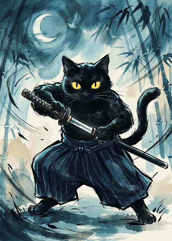 Samurai Cat Black Cat Japanese Watercolor Art Bamboo Forest Moon Night Aesthetic Poster