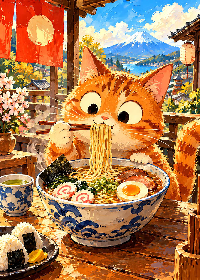 Cute Cat Eating Ramen by Fuji