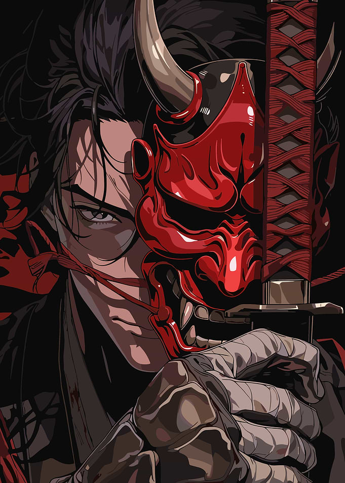 Samurai with Oni Mask and Katana