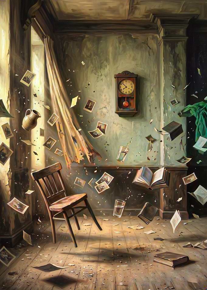 Surreal Room with Floating Objects