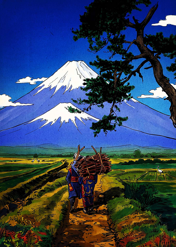 Traditional Japanese Landscape with Mount Fuji