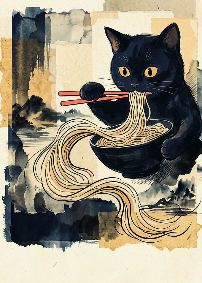 Black Cat Eating Noodles Japanese Watercolor Art Cute Ramen Lover Wall Decor Poster