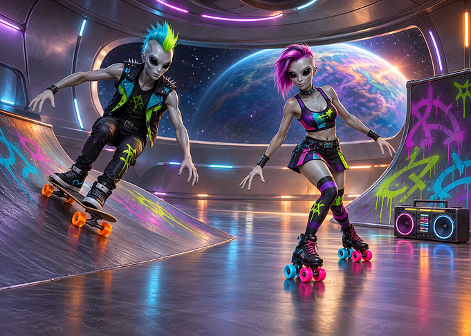 Cyberpunk Aliens Skateboarding in Space