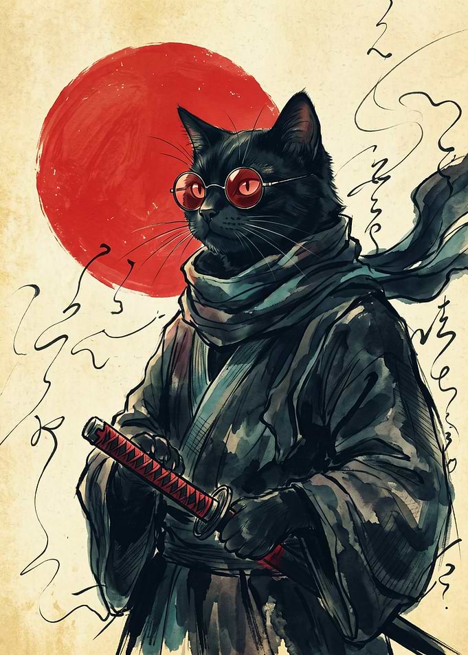 Samurai Cat Japanese Art Print Ink Painting