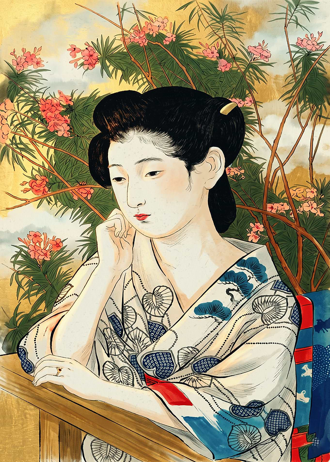 Japanese Woman Kimono Ukiyo E Art Print Pink Floral Bamboo Garden Vintage Wall Poster