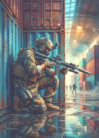 Soldier crouching behind shipping containers
