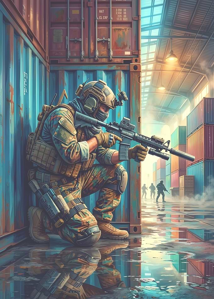 Soldier crouching behind shipping containers
