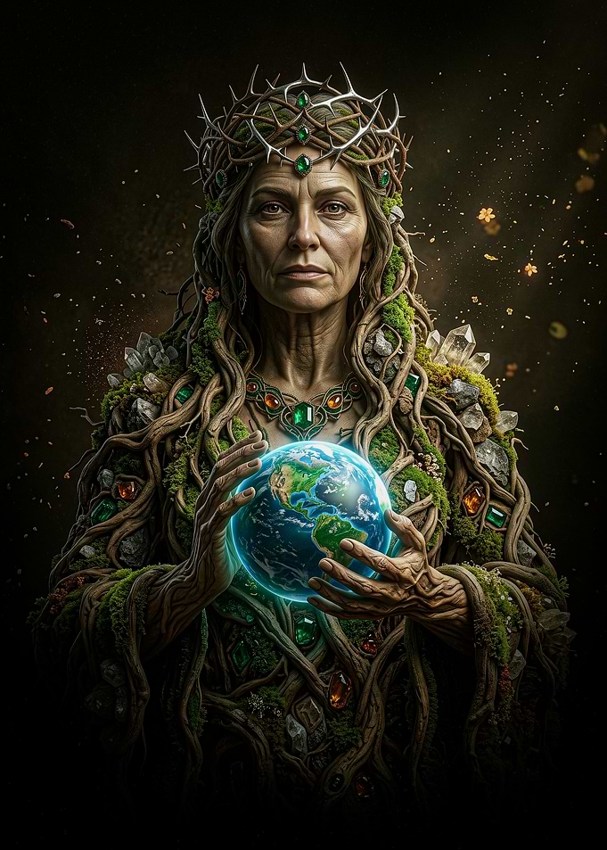 Gaia, Geia, or Ge, Mother Earth Goddess holding the planet.