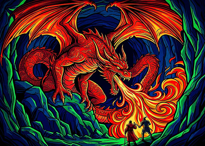 Dragon Breathing Fire at Two Warriors