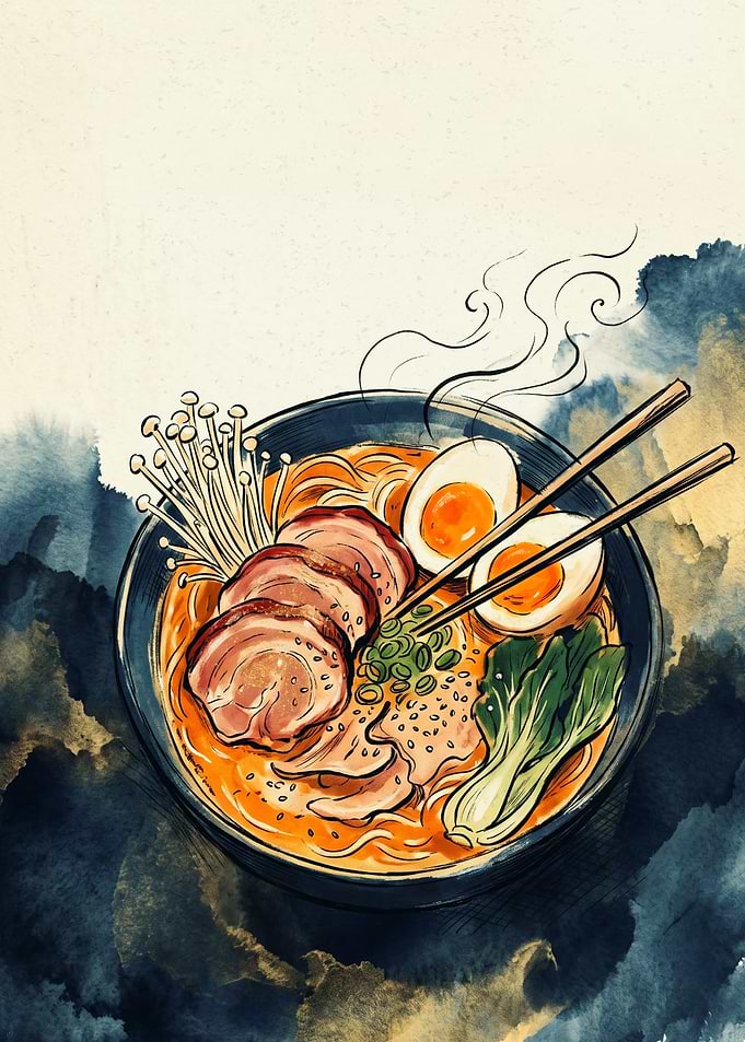 Delicious Japanese Ramen Noodle Bowl Food Art Watercolor Illustration