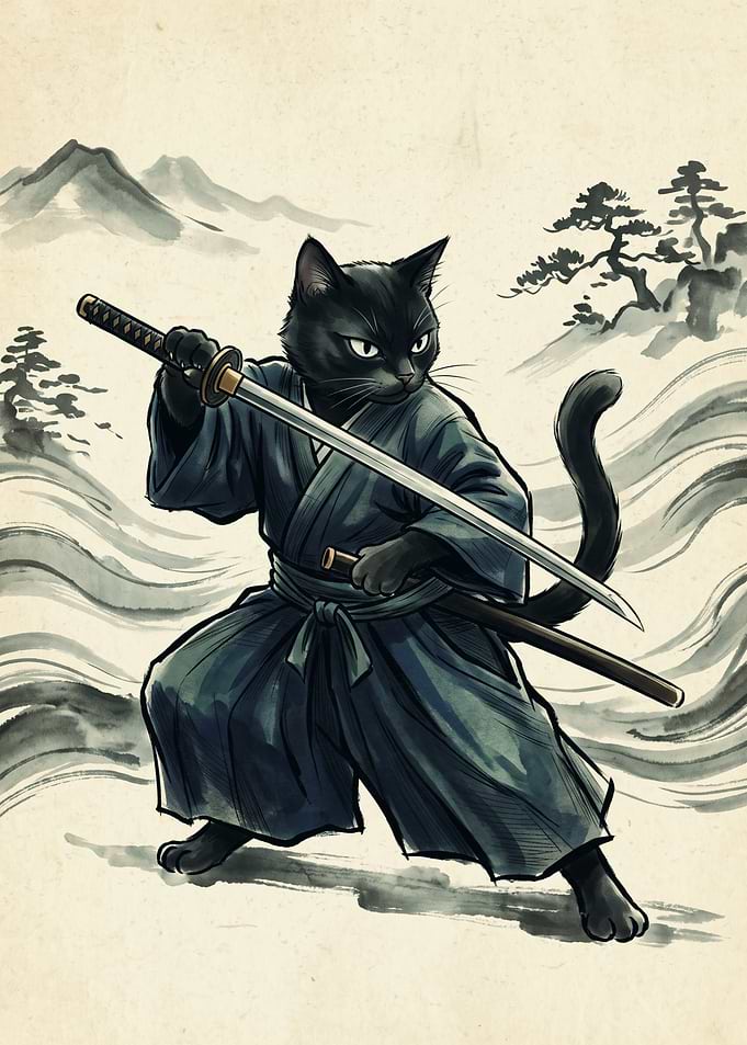 Samurai Cat Japanese Ink Wash Painting Warrior Print